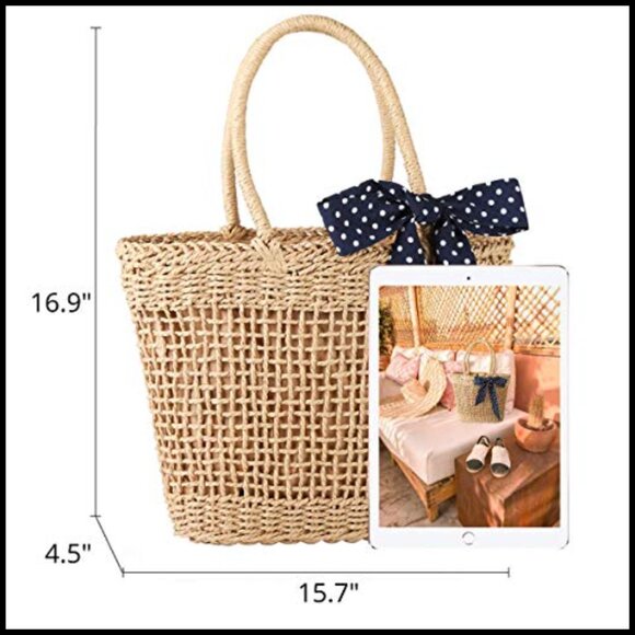 Straw Tote Bag Foldable Woven Boho Beach Summer Travel Hobo Shoulder Bag - Picture 5 of 7